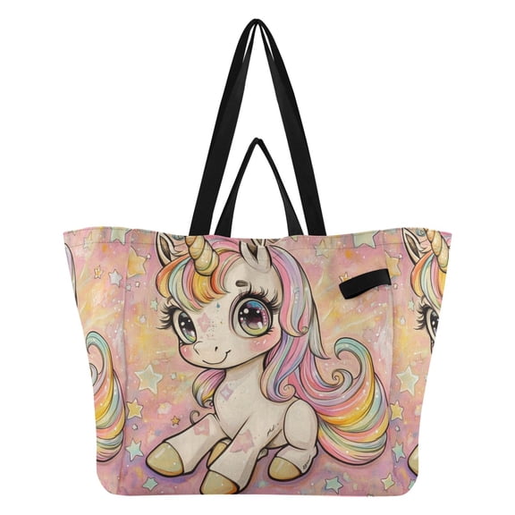 Pretty Unicorns Canvas Tote Bag Large Capacity Reusable Tote with Double Handles, Foldable Heavy Duty Shopping Beach Laundry Bag, 32L
