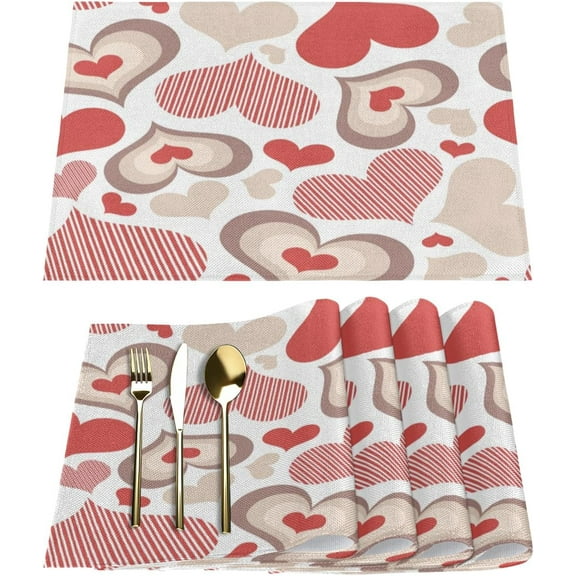 Pretty Valentine''s Day Heart Placemats Set of 6 Fabric Placemats Square Placemat for Kitchen Table Heat Resistant, Easy to Clean Table Placemats 12x18 Inch