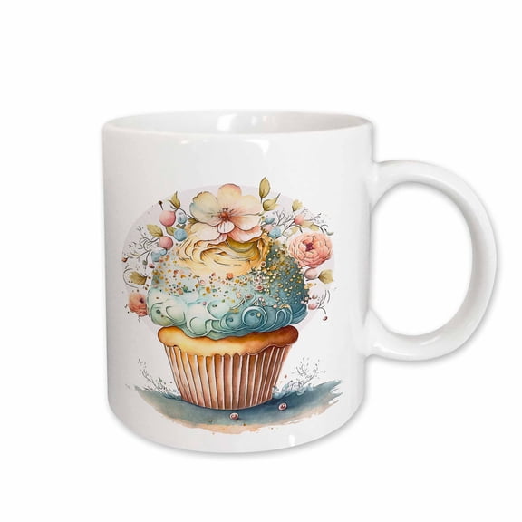 3drose, Pretty Vanilla Cupcake with Blue Frosting and Flowers Illustration, 11oz Mug