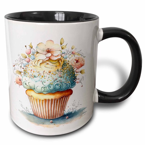 3drose, Pretty Vanilla Cupcake with Blue Frosting and Flowers Illustration, 11oz Two-tone Black Mug