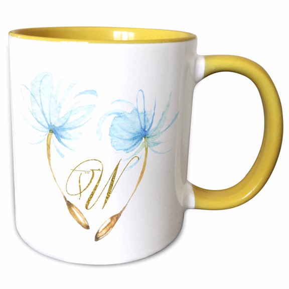3drose, Pretty Watercolor Blue Dandelion Wishes, Gold Monogram W Design, 15oz Two-tone Yellow Mug