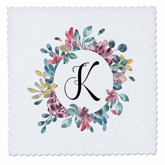 3dRose, Pretty Watercolor Floral Circle Frame With A Monogram Initial K, 10x10 inch quilt square