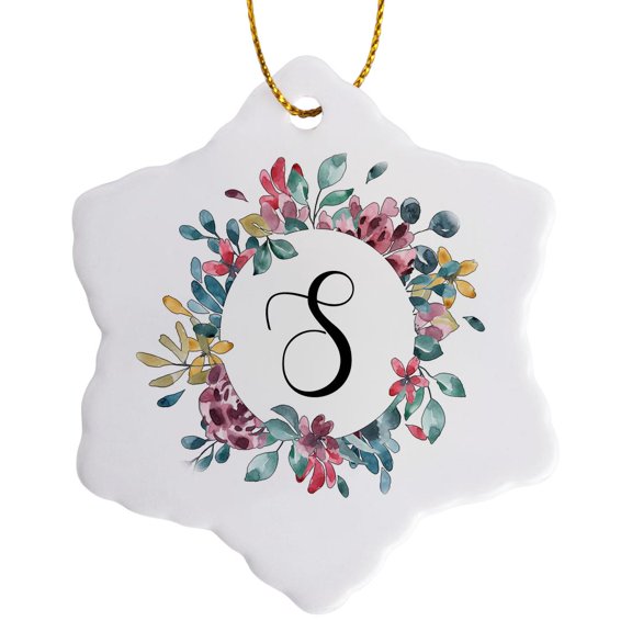3drose, Pretty Watercolor Floral Circle Frame with a Monogram Initial S, 3 inch Snowflake Porcelain Ornament