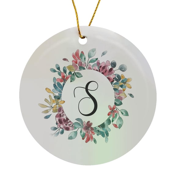 3drose, Pretty Watercolor Floral Circle Frame with a Monogram Initial S, Circle Porcelain Ornament