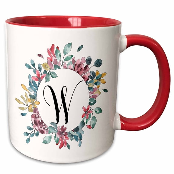 3drose, Pretty Watercolor Floral Circle Frame with a Monogram Initial W, 11oz Two-tone Red Mug