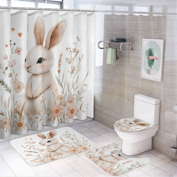 Pretty Watercolor Floral Easter Bunny Shower Curtain 4 Piece Sets with Rugs Toilet Lid Cover And Bath Mat Cute Bunny Rabbit Floral Easter Waterproof Fabric Bath Curtains for Bathroom Decor Sets