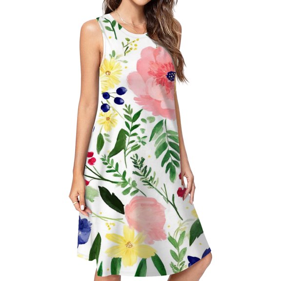 Pretty Watercolor Floral Seamless Pattern Dress Elegant Party Dresses Evening Dresses Women Dress Sleeveless Dress Ladies Dresses