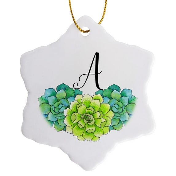 3drose, Pretty Watercolor Green Succulent Flowers Monogram A, 3 inch Snowflake Porcelain Ornament