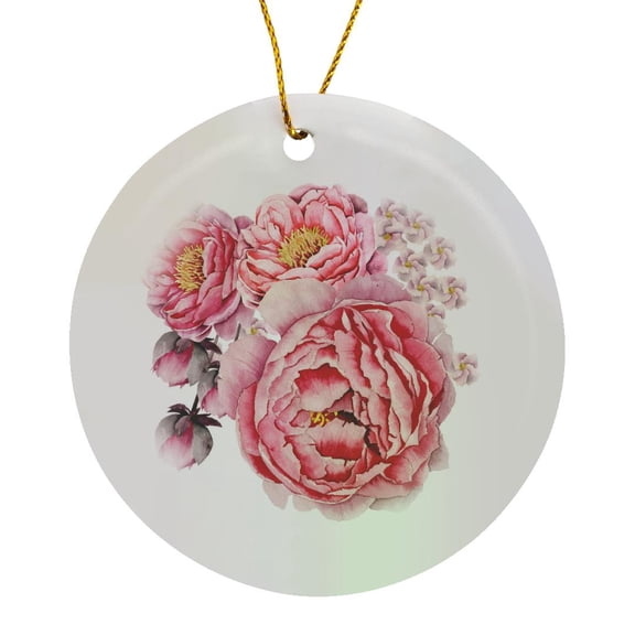 3drose, Pretty Watercolor Pink Peony Flower Bouquet, Circle Porcelain Ornament