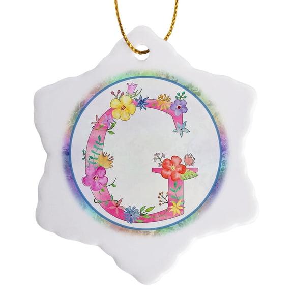 3drose, Pretty Whimsical Pink Flower Monogram Initial G, 3 inch Snowflake Porcelain Ornament
