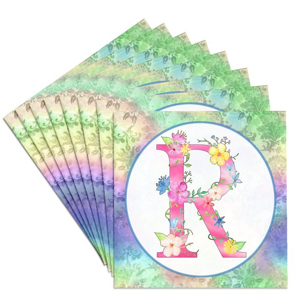 3drose, Pretty Whimsical Pink Flower Monogram Initial R, Set of 8 Ceramic Tile Coasters