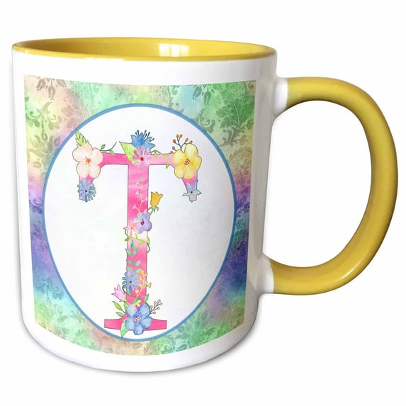 3drose, Pretty Whimsical Pink Flower Monogram Initial T, 11oz Two-tone Yellow Mug