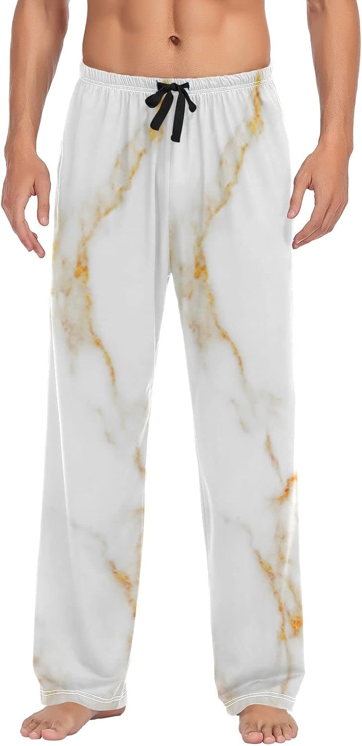 Pretty White Gold Marble Print Mens Pajama Pants Sleepwear Lounge Men's