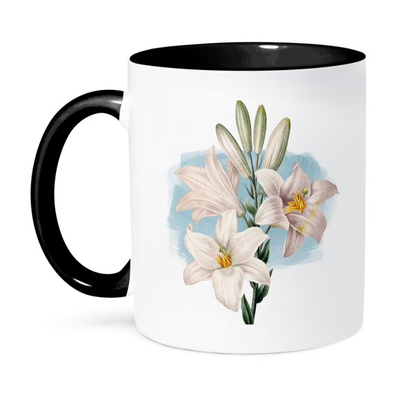 Pretty White Lilies Botanical Vintage Flowers, 15oz Two-Tone Black Mug