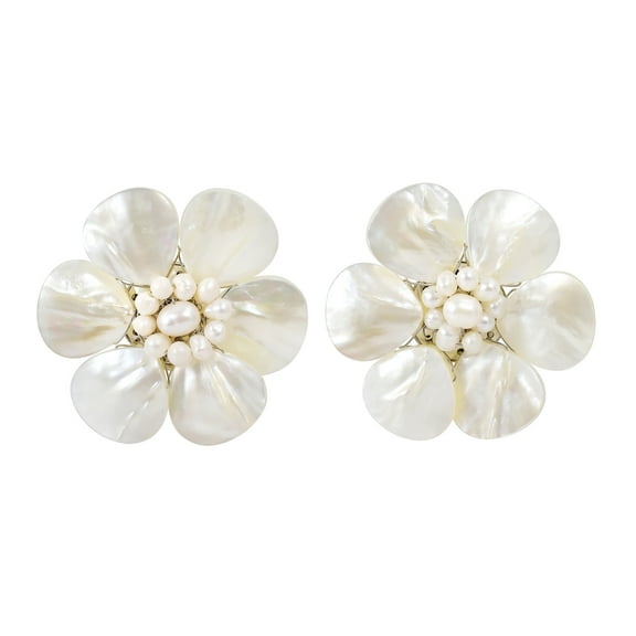 Pretty White Mother of Pearl Flower Clip On Earrings