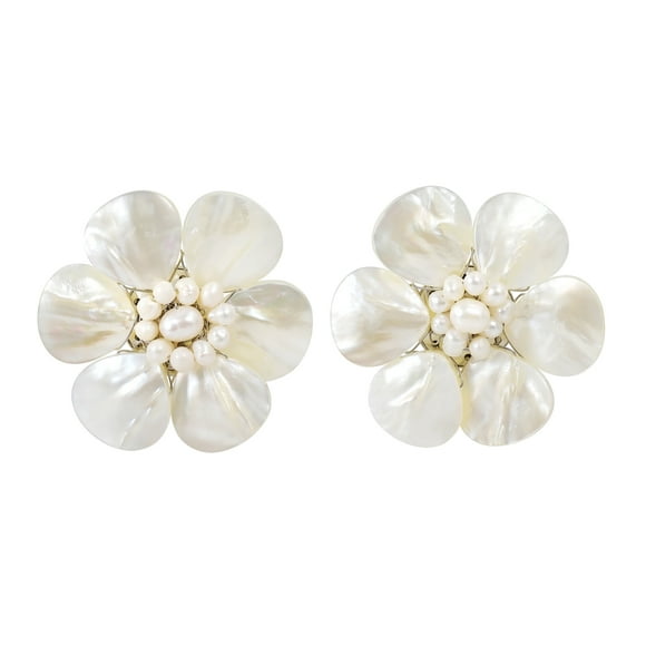 Pretty White Mother of Pearl Flower Clip On Earrings