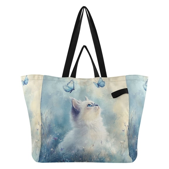 Pretty White Ragdoll Cat Canvas Tote Bag Large Capacity Reusable Tote with Double Handles, Foldable Heavy Duty Shopping Beach Laundry Bag, 32L