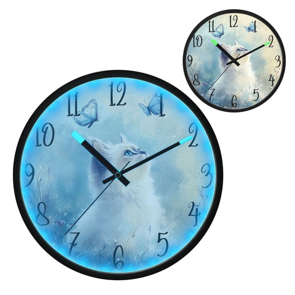 Pretty White Ragdoll Cat Luminous Wall Clock with Sound-Activated LED 12-Inch Silent Acrylic Timepiece for Bedroom Livingroom or Office