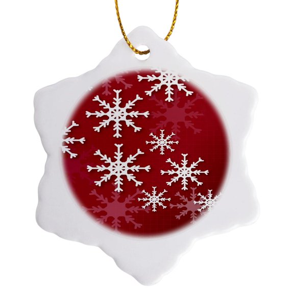 3drose, Pretty White Snowflakes Against a Red Graph Background, 3 inch Snowflake Porcelain Ornament