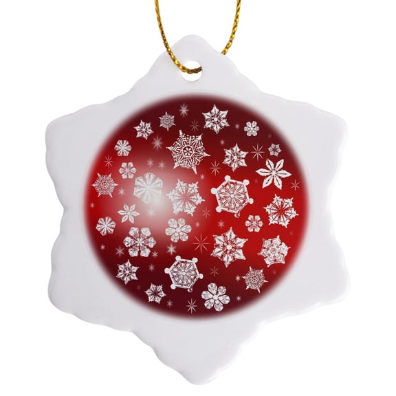 3drose, Pretty White Snowflakes Ice Crystals on Tonal Red Background, 3 inch Snowflake Porcelain Ornament