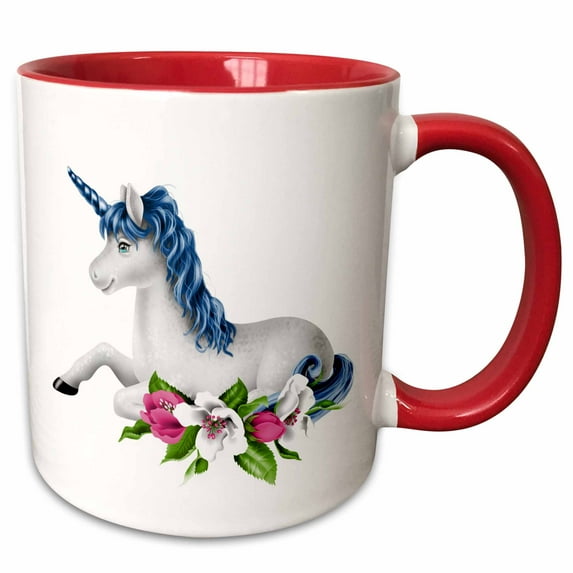 3drose, Pretty White Unicorn with a Blue Mane and Floral Illustration, 15oz Two-tone Red Mug