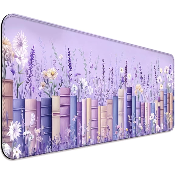 Pretty Wildflower and Book Gaming Desk Mat, Computer Keyboard Large Extended Long Fantasy Floral Mouse Pad for Office and Home, XL, Purple(H05)
