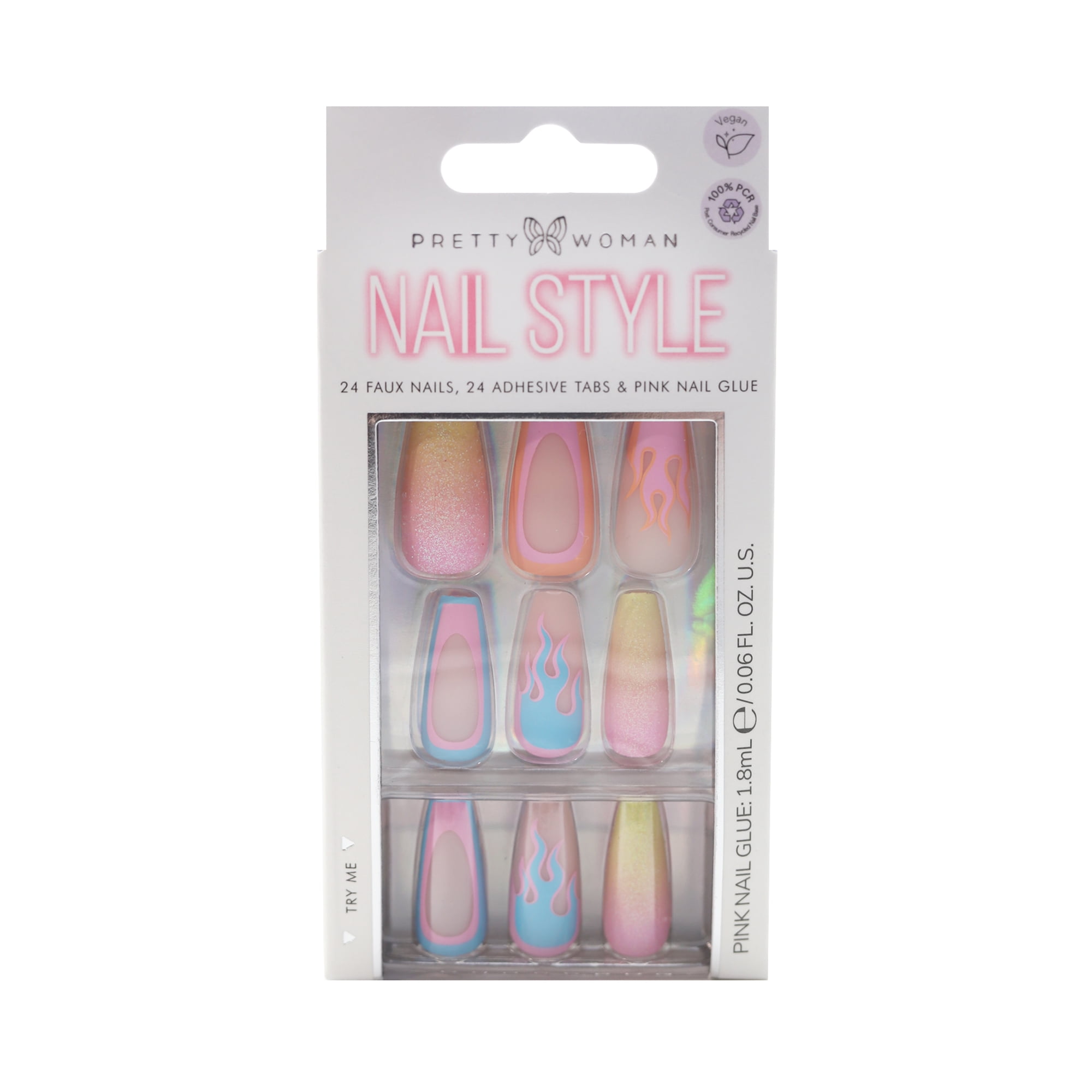 Pretty Woman Nail Style, Glue-on Nails, Pink Flames, 24 Nails - Walmart.com