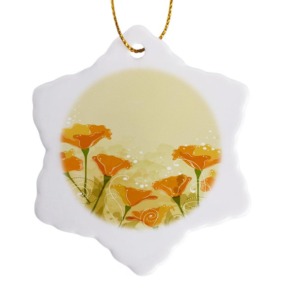 3drose, Pretty Yellow and Orange Tulip Flowers Against Lined, Splashed Background, 3 inch Snowflake Porcelain Ornament