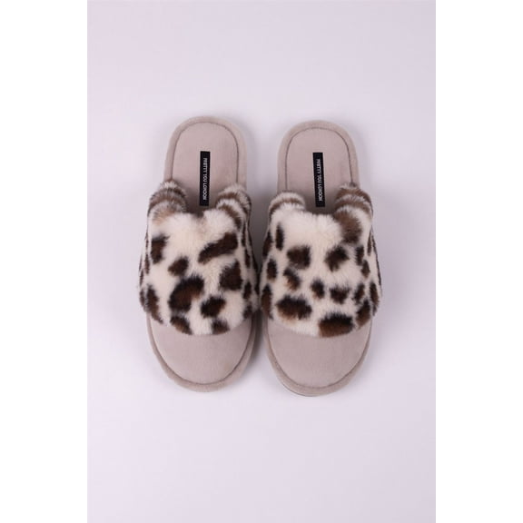 Pretty You London Women's Danni Fluffy Cuff Mule Slipper in Animal