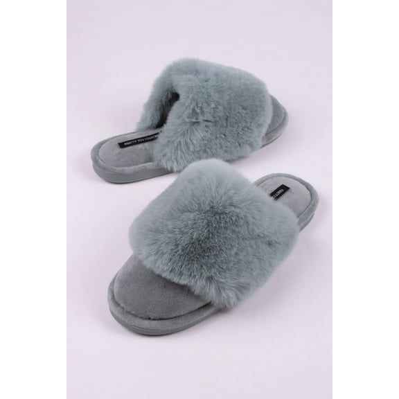 Pretty You London Women's Danni Fluffy Cuff Mule Slipper in Sage