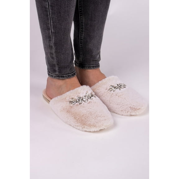 Pretty You London Women's Dido Diamante Mule Slipper in Cream