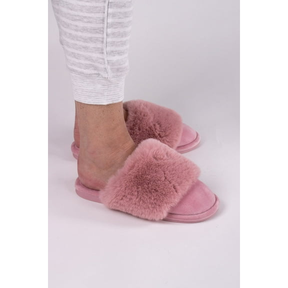 Pretty You London Women's Danni Fluffy Cuff Mule Slipper in Pink