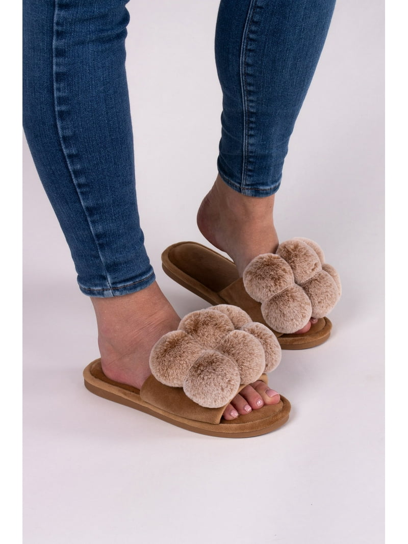 Pretty You London Women's Dolly Pom Pom Slider Slipper in Caramel