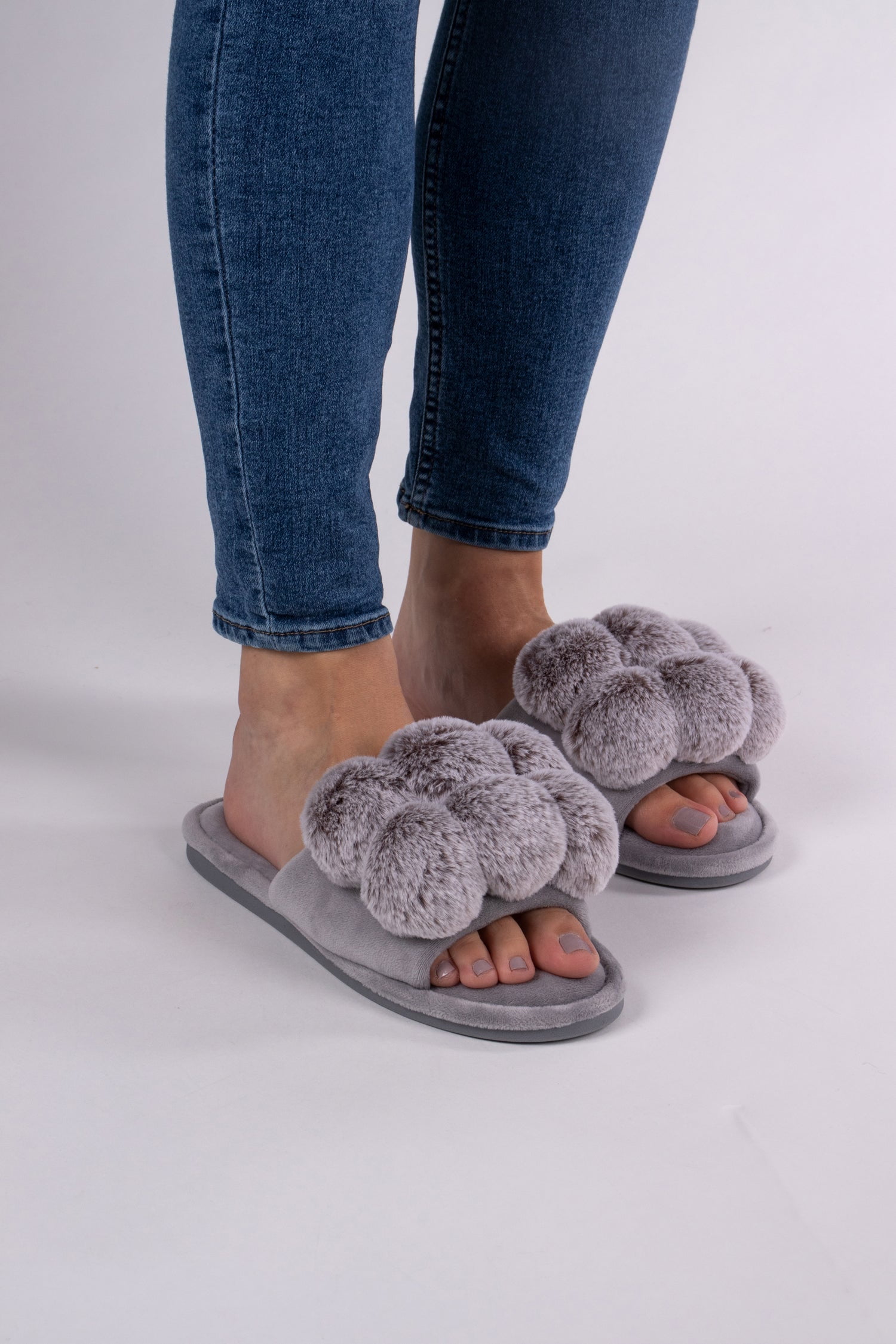 Pretty You London Women's Dolly Pom Pom Slider Slipper in Gray