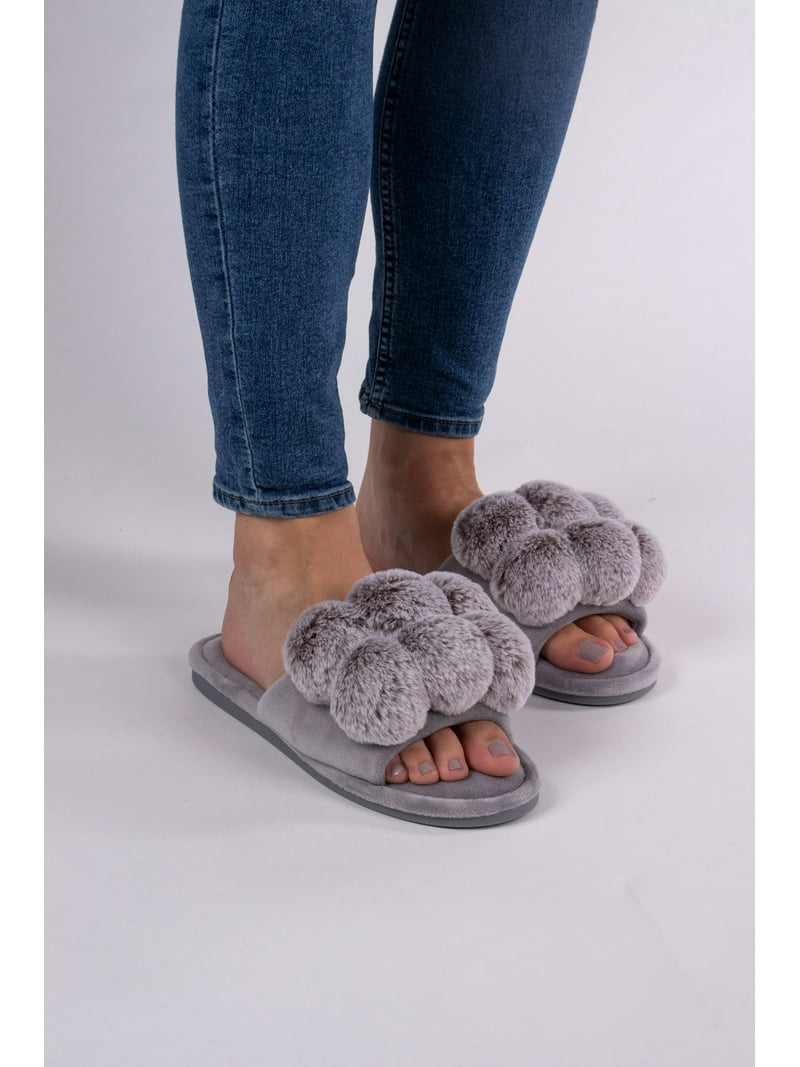 Pretty You London Women's Dolly Pom Pom Slider Slipper in Gray