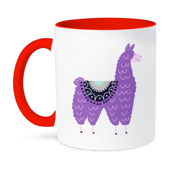 3dRose, Pretty adorable purple llama wearing a saddle blanket cartoon, 15oz Two-Tone Red Mug