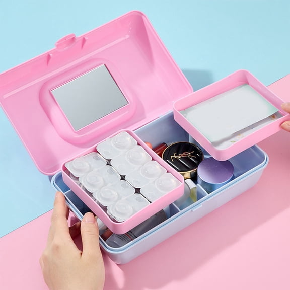 Pretty in Petite Makeup Box, Two-Tone Periwinkle on Pink, Hard Plastic Organizer Box, 2 Swivel Trays, Fashion Mirror, Secure Latch for Safe Travel
