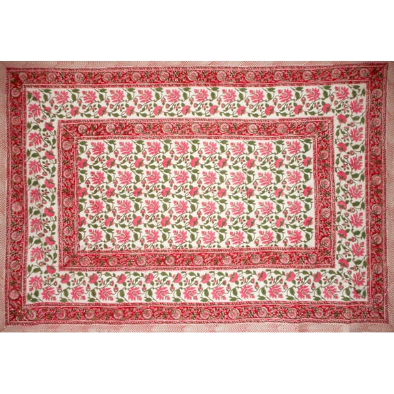 Pretty in Pink Block Print Cotton Tablecloth 90" x 60" Pink