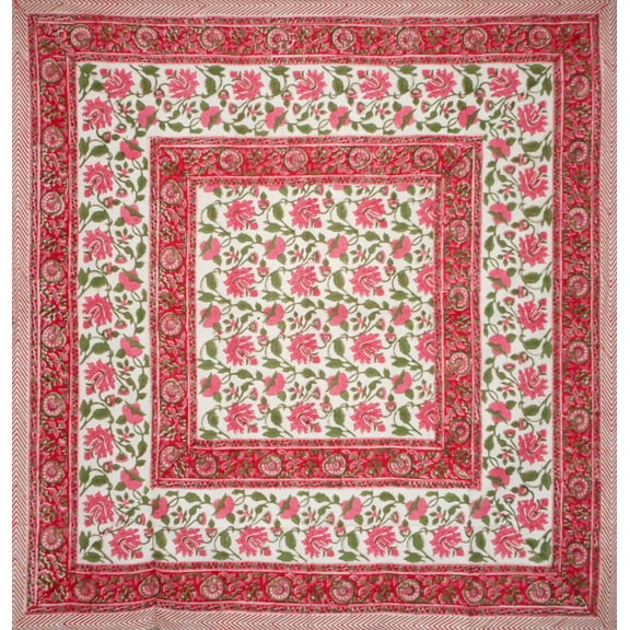 Pretty in Pink Block Print Square Cotton Tablecloth 60" x 60" Pink
