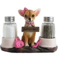 thumbnail image 1 of Pretty in Pink Female Chihuahua Puppy Salt and Pepper Shaker Set with Dog Food Bowls As Holders for Decorative Kitchen Table Decor by Home 'n Gifts, 1 of 4