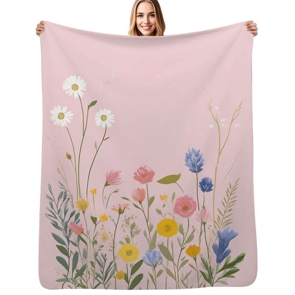 Pretty pink floral meadow blooms Flannel Blankets Soft Warm Throw Blanket Autumn Camping Bedroom Aesthetic Bedspread