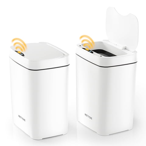 PrettyCare 2 Packs 3.6 Gal Automatic Bathroom Trash Cans with Lid Touchless Small Bedroom Plastic Garbage Can White GC01