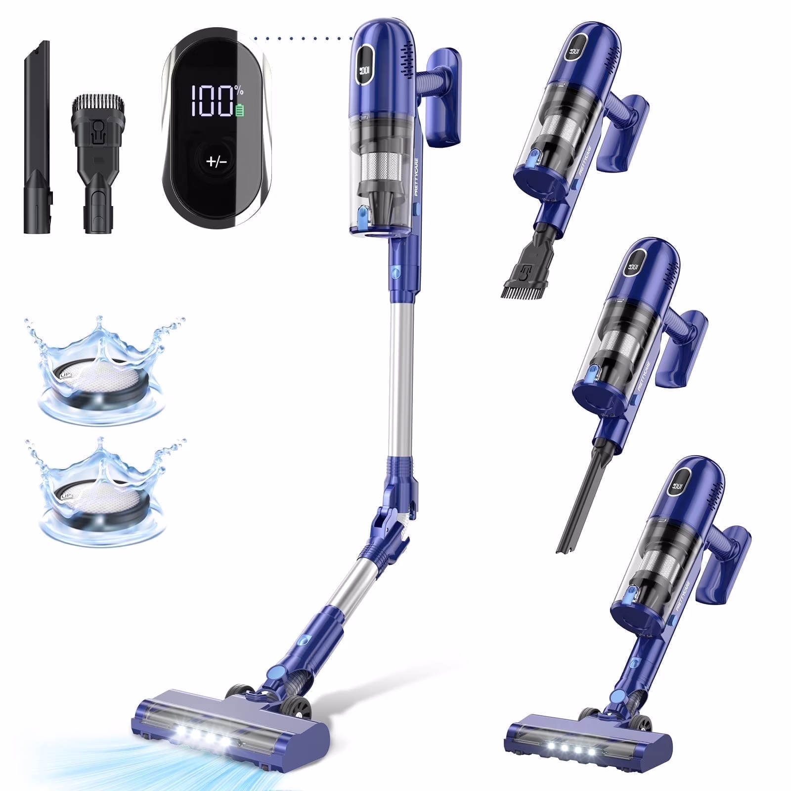 PrettyCare Cordless Vacuum Cleaner, 35Kpa/45min/7-in-1 Stick Vacuum with Foldable Pole, P1-v3