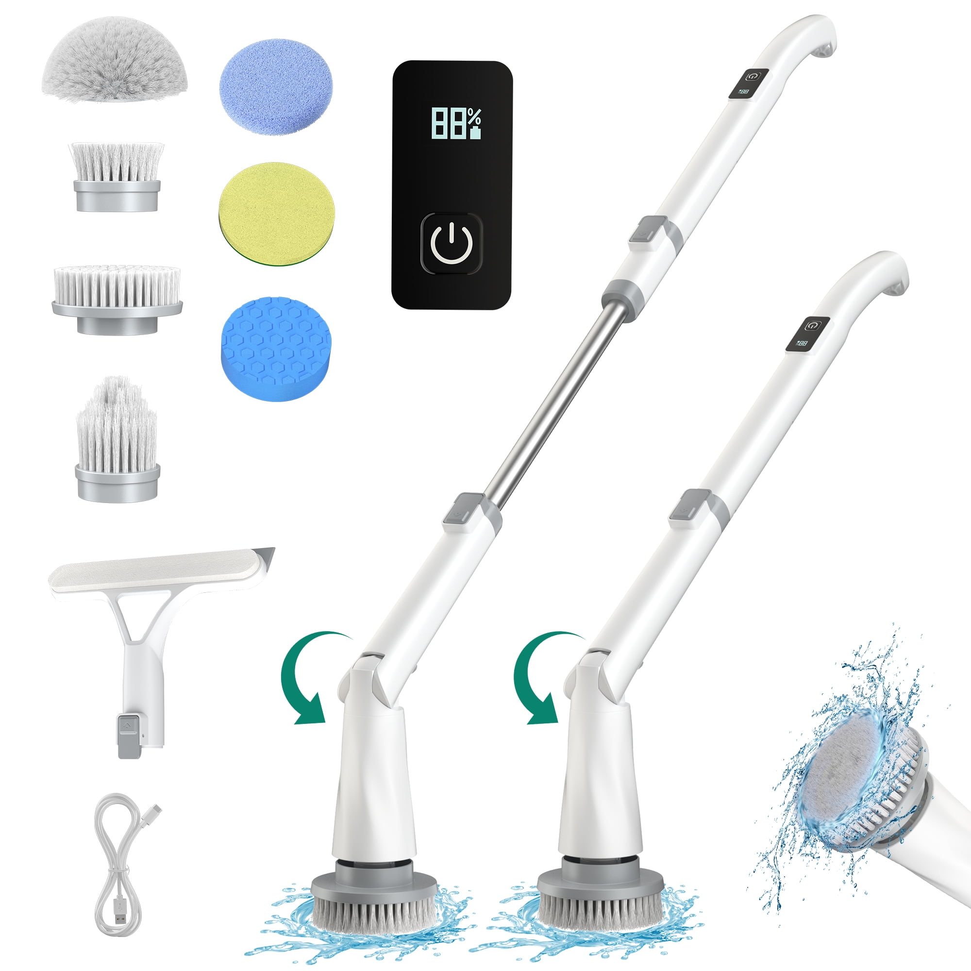 Electric Spin Scrubber,Cordless Cleaning Brush, 450 RPM Power,8 Replaceable Heads,with LED Display&Adjustable Head