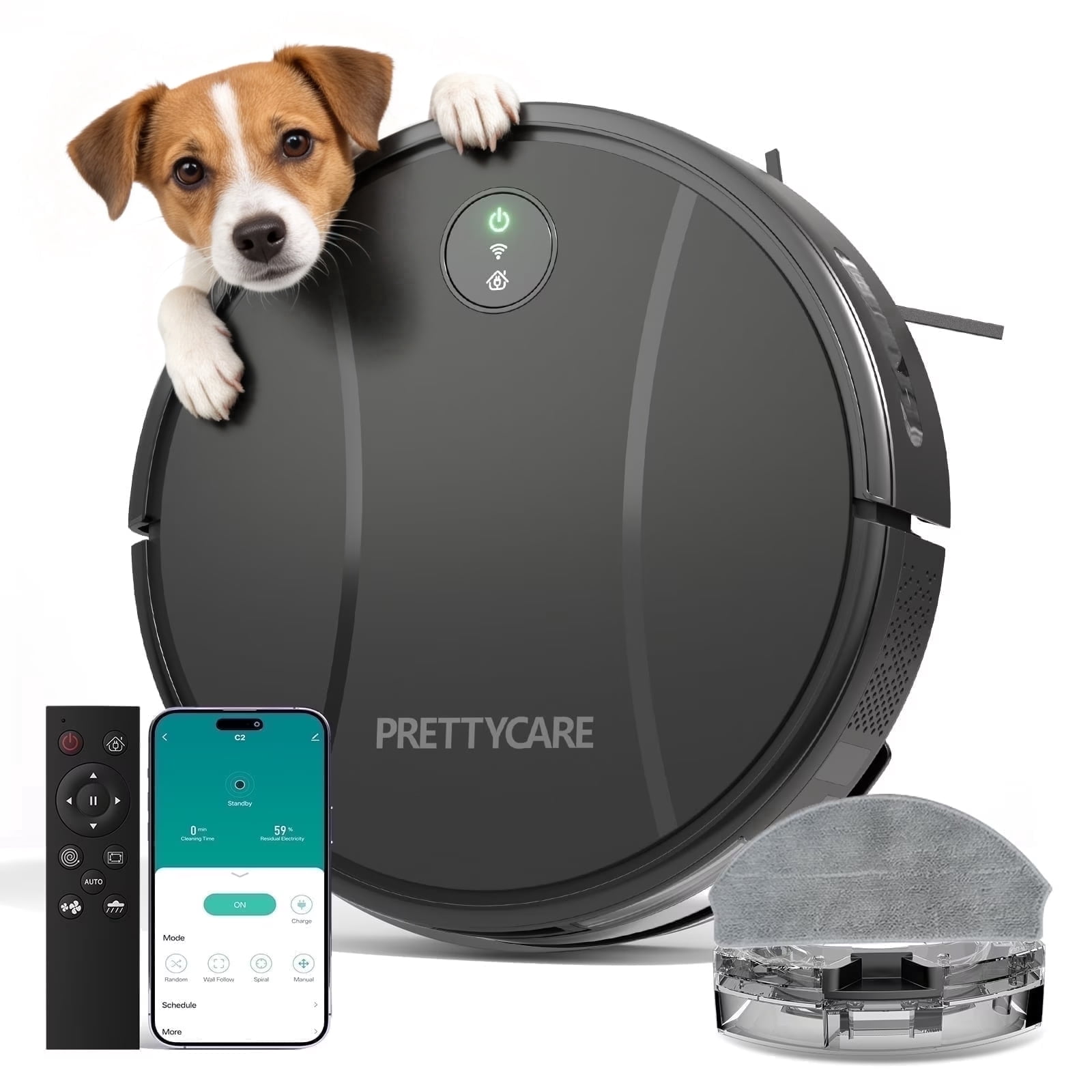 PrettyCare C2-v2 Robot Vacuum and Mop Combo Cleaner, 3-in-1, 6000Pa Suction, 5200mAh Battery, Black