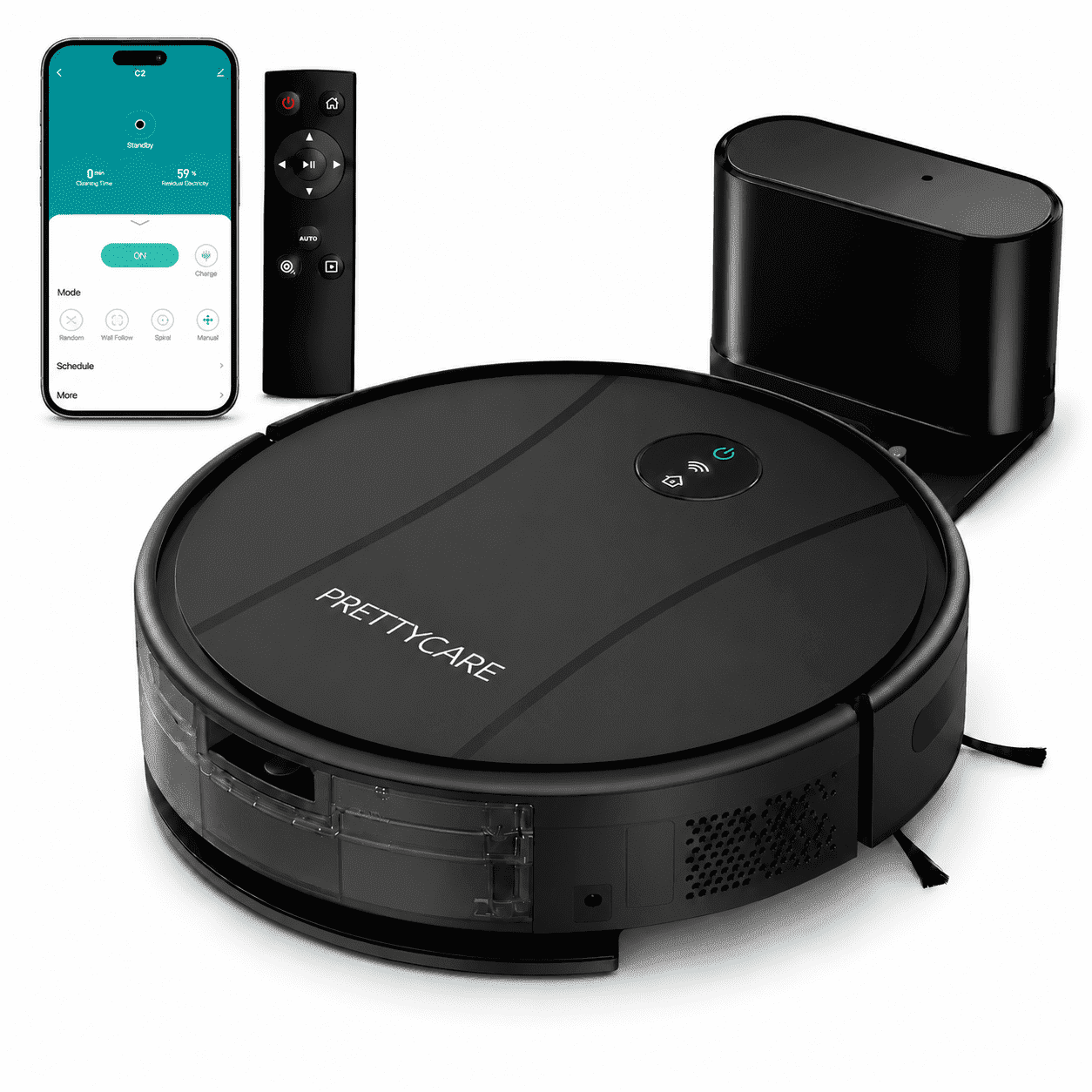 PrettyCare C2-v2 Robot Vacuum and Mop Combo Cleaner, 3-in-1, 8000Pa Suction, 5200mAh Battery, Black