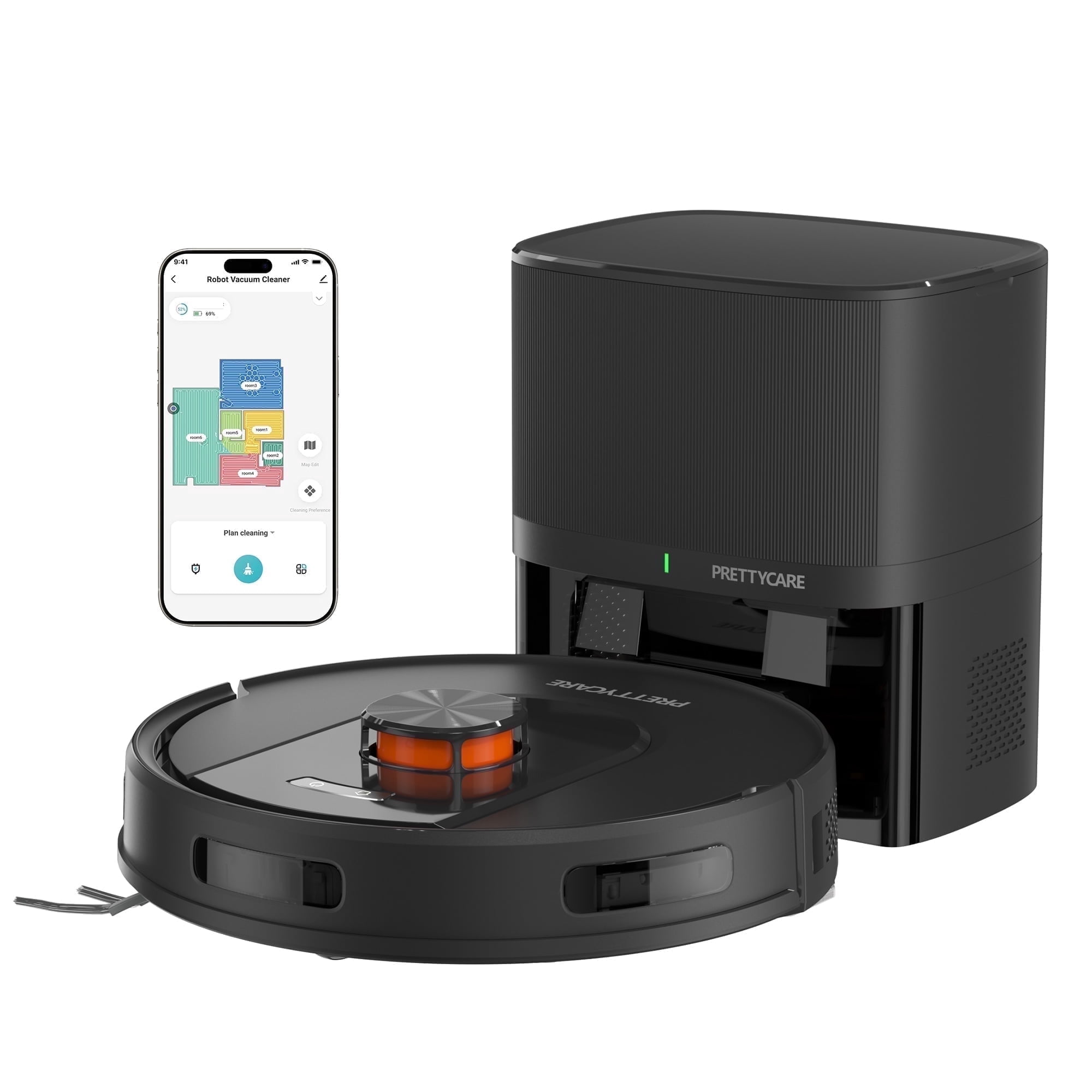 PrettyCare Robot Vacuum and Mop Combo Cleaner 9000pa,85 Days Self-Emptying & Refilling Station with 3D Home Mapping for Debris/Stain/Hair/Pet, L1 PRO