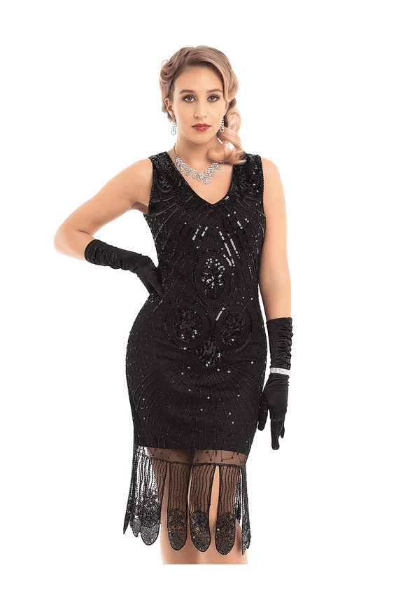 1920s Dress for Women Gatsby V Neck Sequin Oval Fringe Flapper Dresses Roaring 20s Party, Small