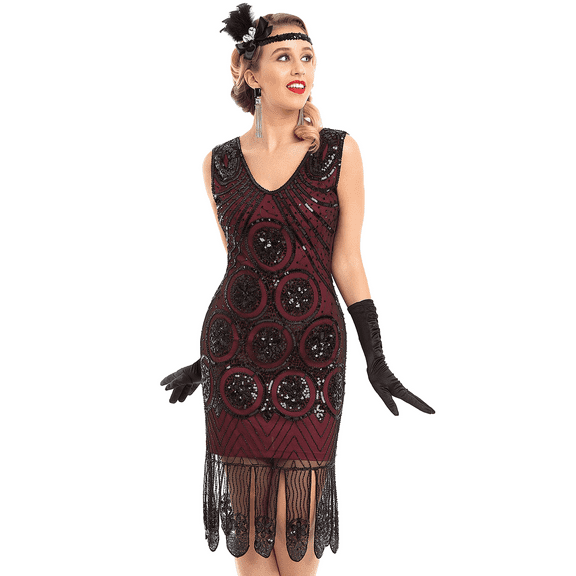 PrettyGuide 1920s Dress for Women Gatsby V Neck Sequin Oval Fringe Flapper Dresses Roaring 20s Party, X-Large