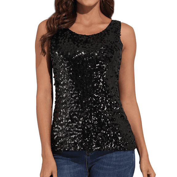 PrettyGuide Women Shimmer Glam Sequin Embellished Sparkle Tank Top Vest Tops Black, Large